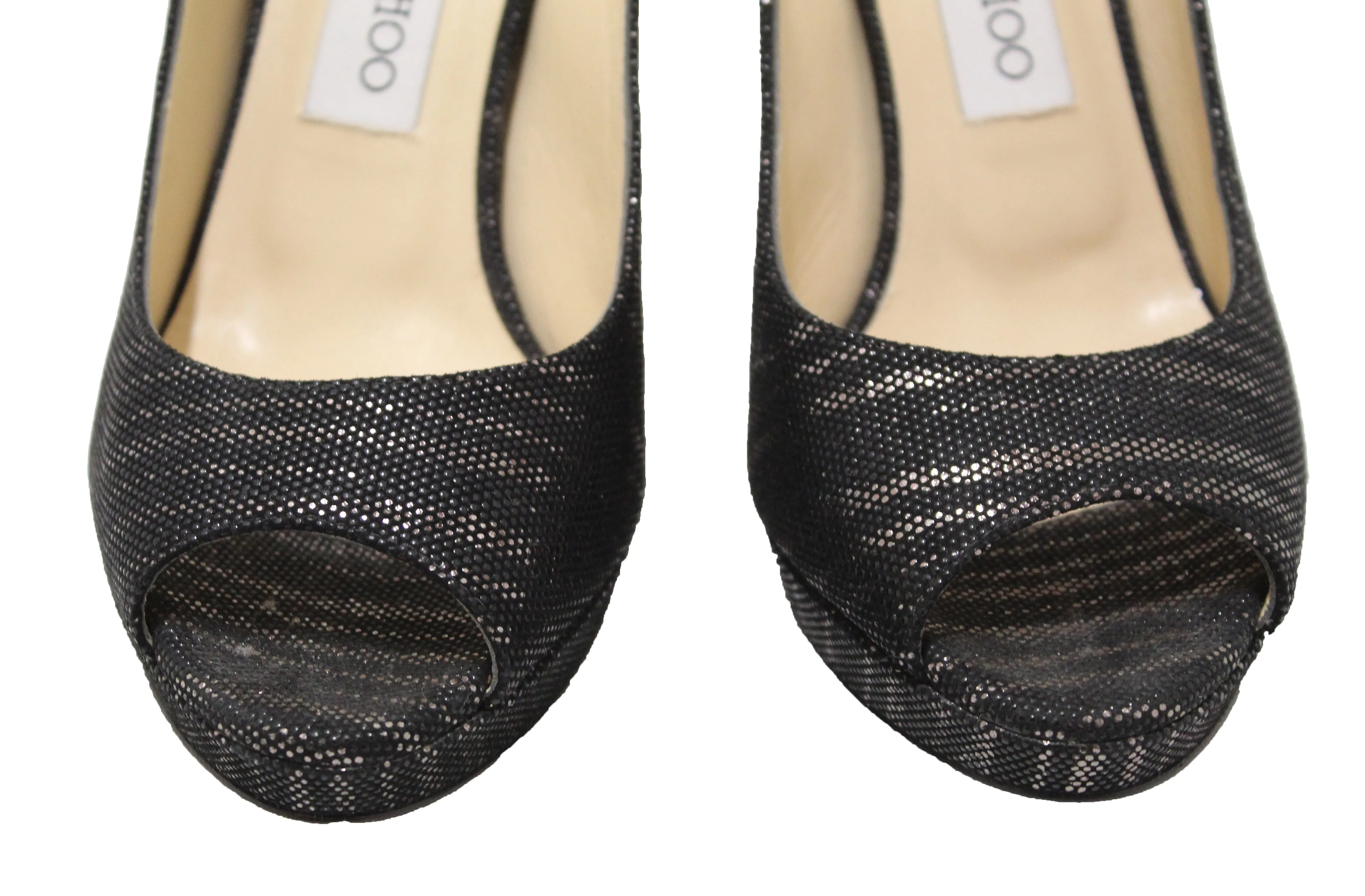 Authentic New Jimmy Choo Black/Gold Canvas Open Toe Pumps Shoes Size 37