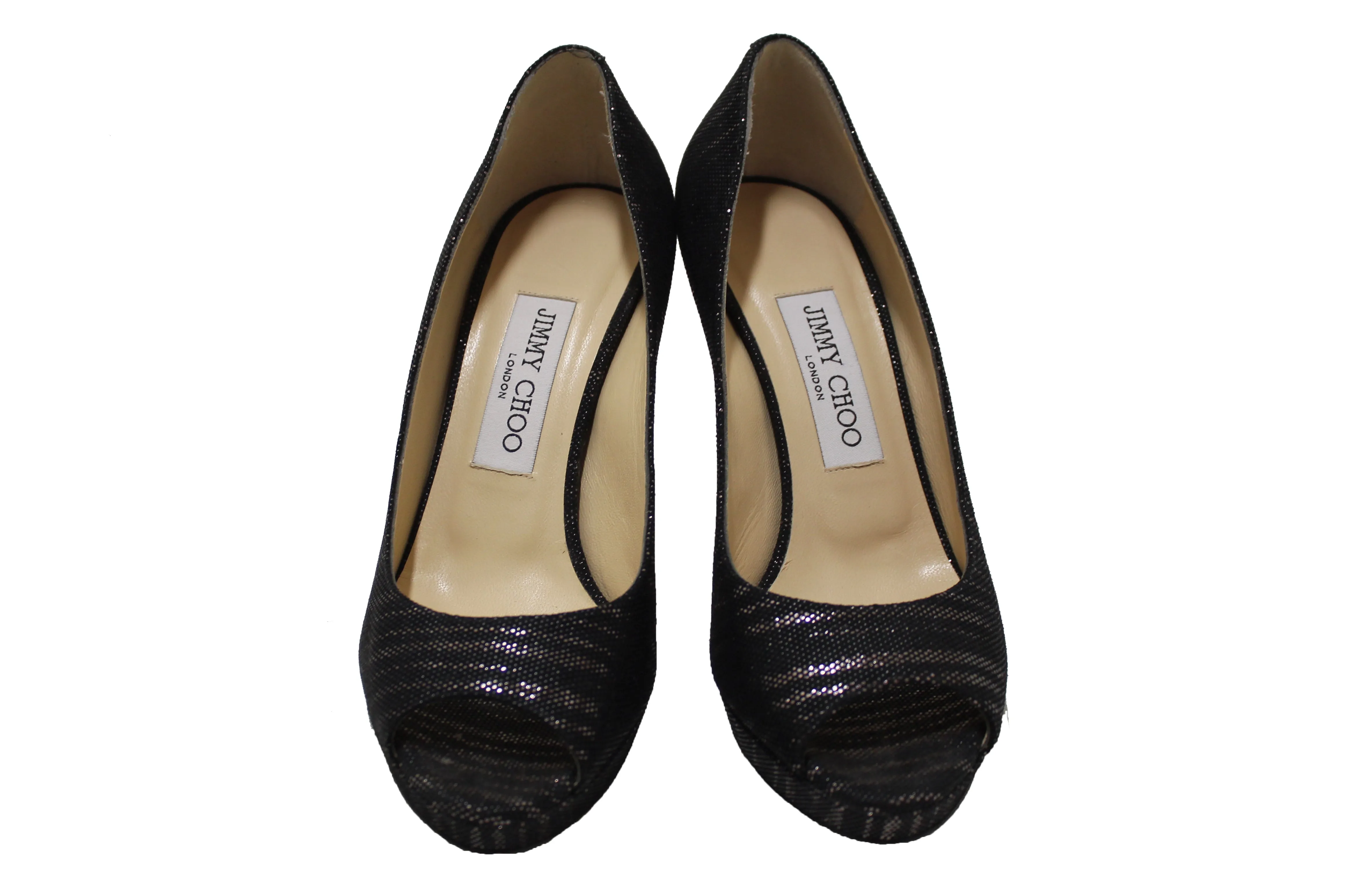 Authentic New Jimmy Choo Black/Gold Canvas Open Toe Pumps Shoes Size 37