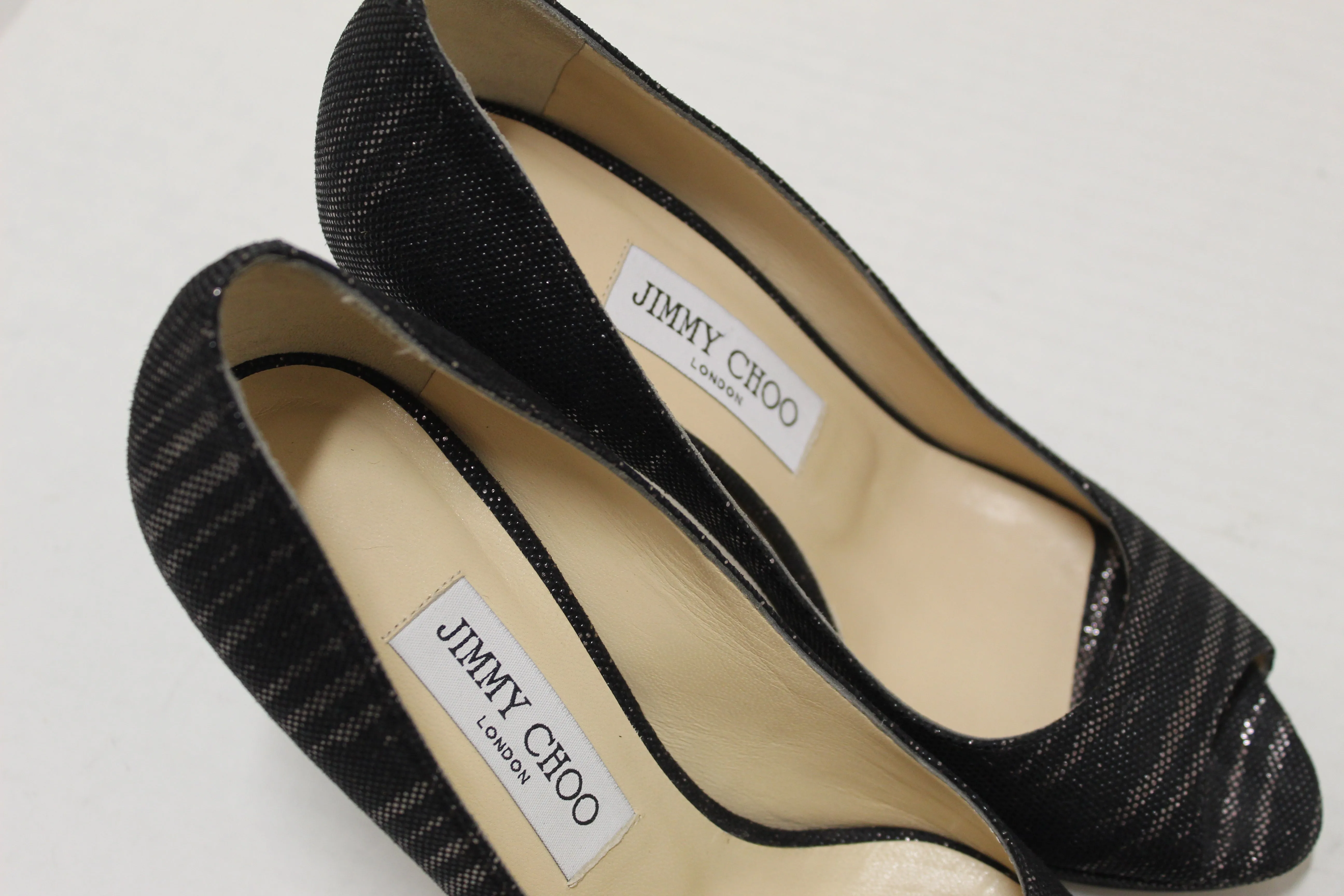 Authentic New Jimmy Choo Black/Gold Canvas Open Toe Pumps Shoes Size 37