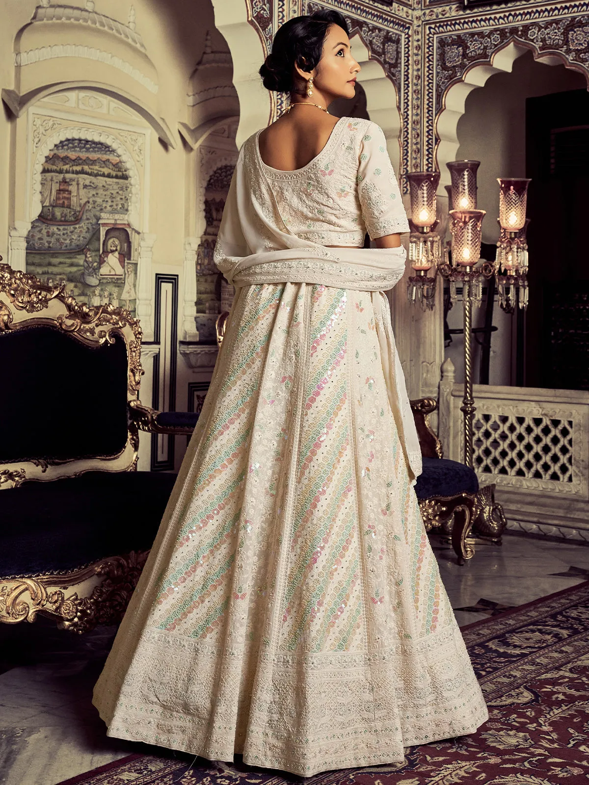 Beautiful Apricot Georgette Embroidered Semi Stitched Lehenga With Unstitched Blouse
