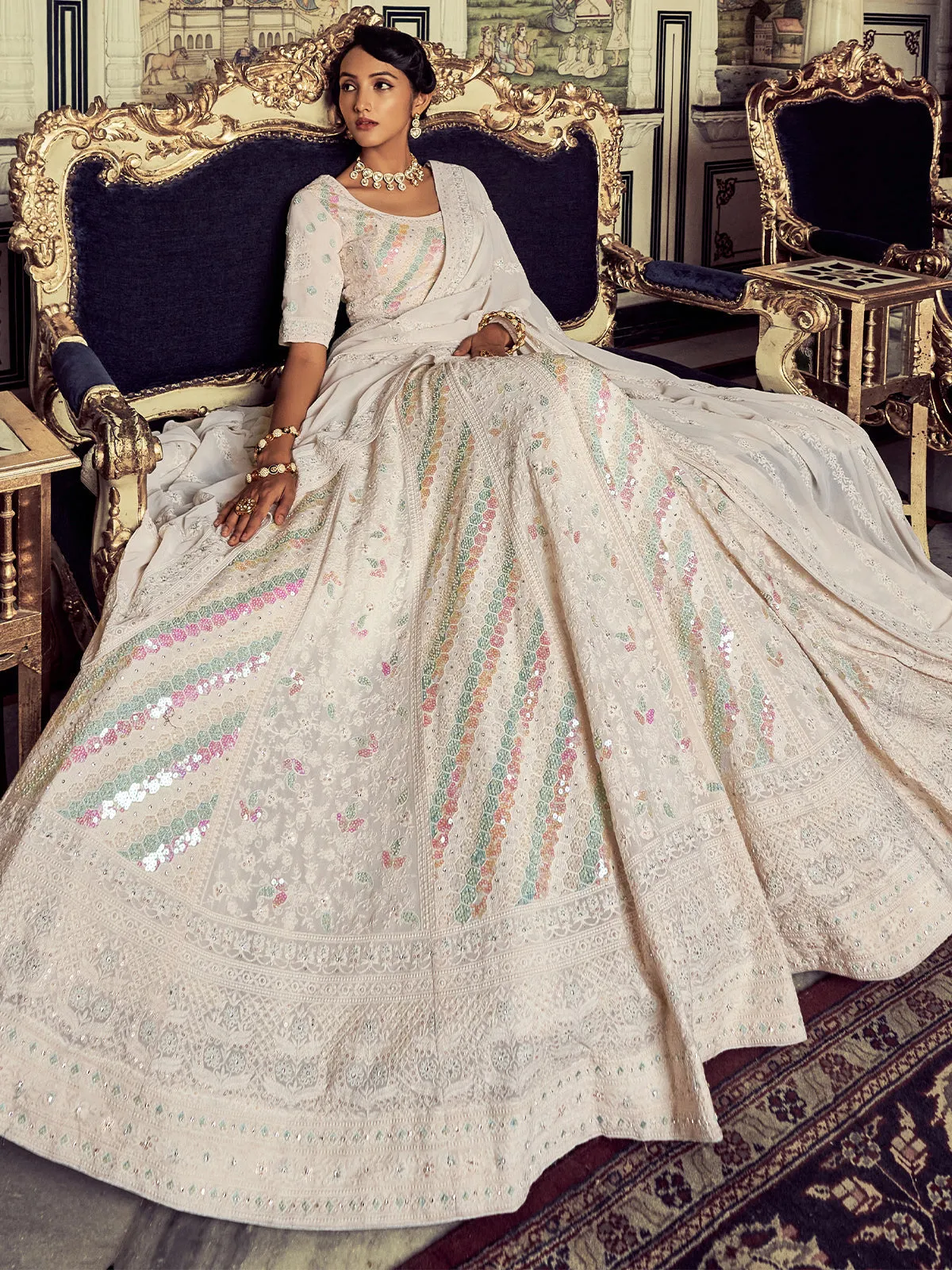 Beautiful Apricot Georgette Embroidered Semi Stitched Lehenga With Unstitched Blouse