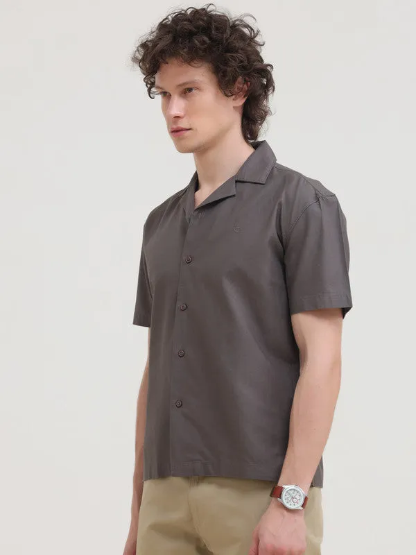 Cuban Collar Light Brown Regular Fit Short Sleeve Shirt