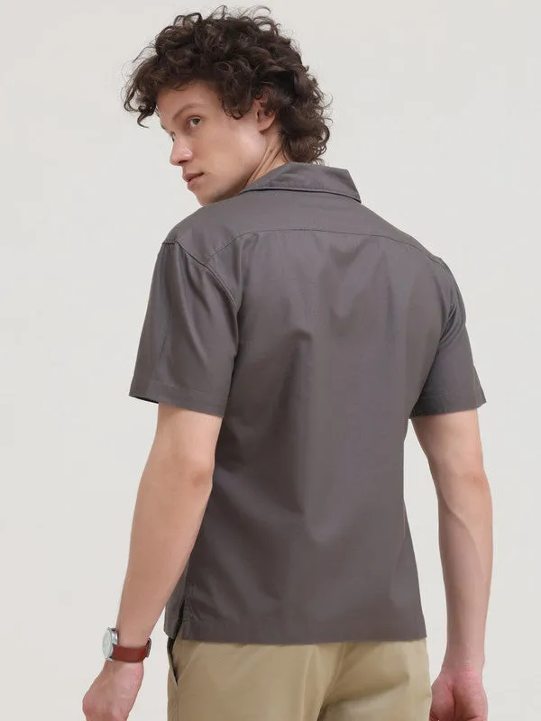 Cuban Collar Light Brown Regular Fit Short Sleeve Shirt