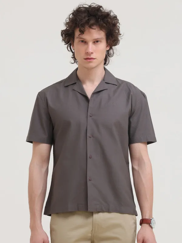 Cuban Collar Light Brown Regular Fit Short Sleeve Shirt