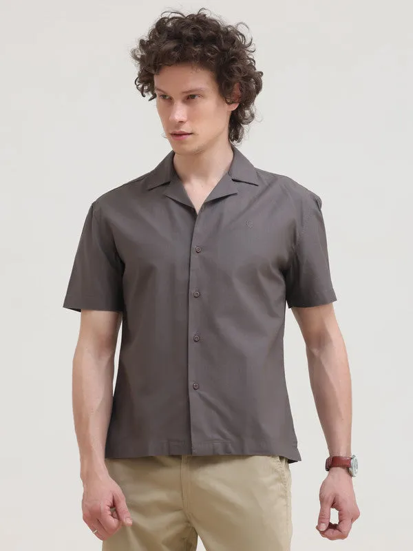 Cuban Collar Light Brown Regular Fit Short Sleeve Shirt
