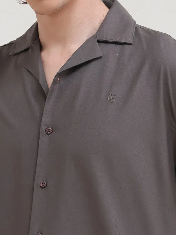 Cuban Collar Light Brown Regular Fit Short Sleeve Shirt