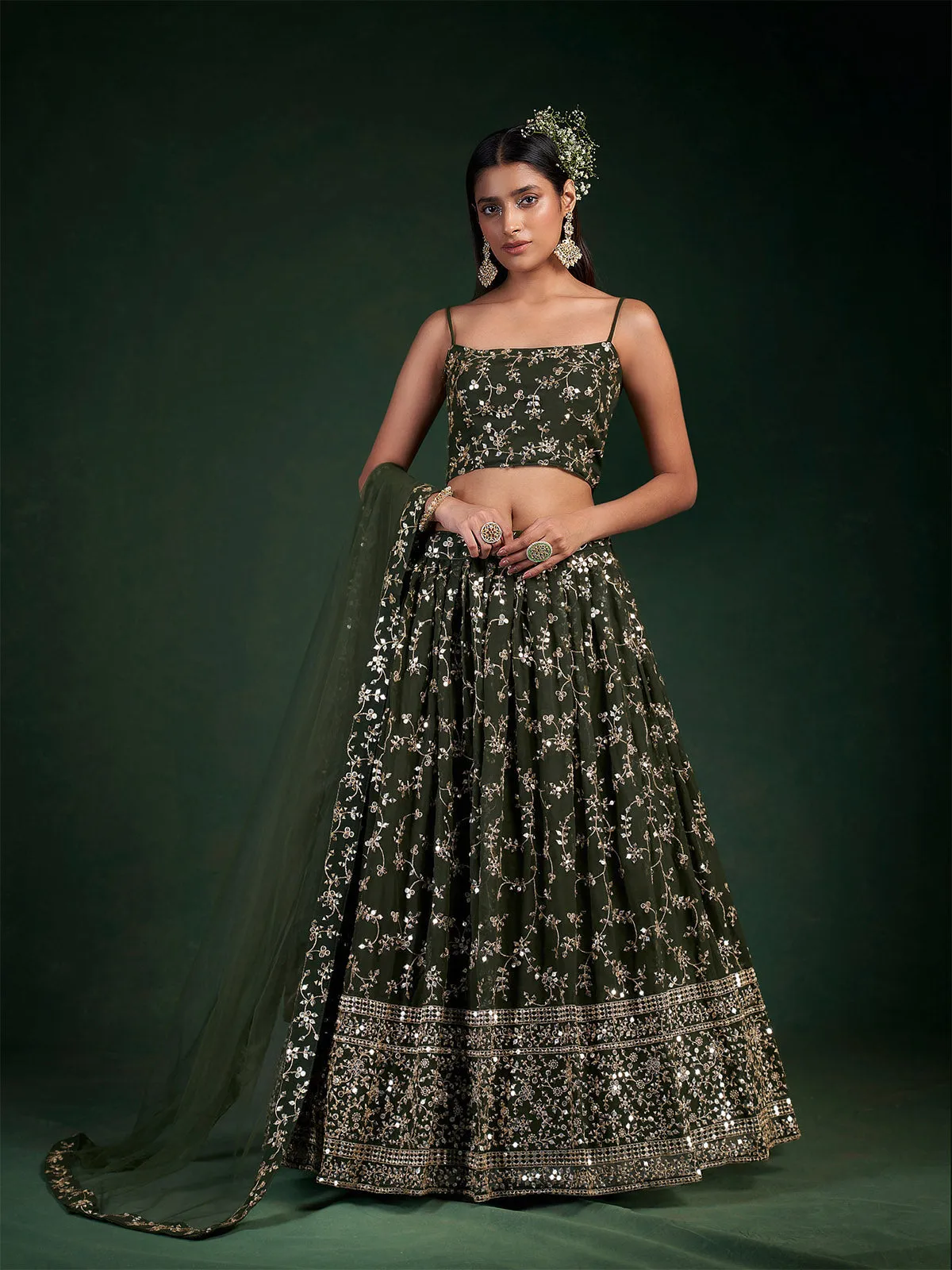 Dark Green Embroidered Bridal Semi Stitched Lehenga With  Unstitched Blouse