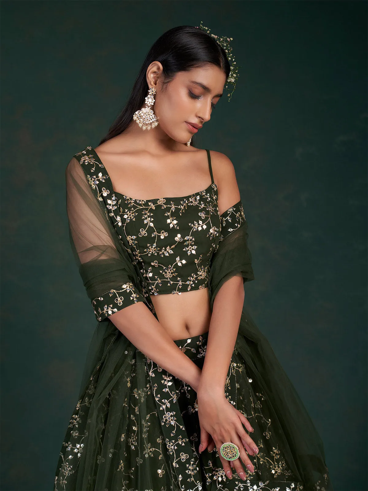 Dark Green Embroidered Bridal Semi Stitched Lehenga With  Unstitched Blouse