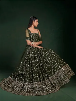 Dark Green Embroidered Bridal Semi Stitched Lehenga With  Unstitched Blouse