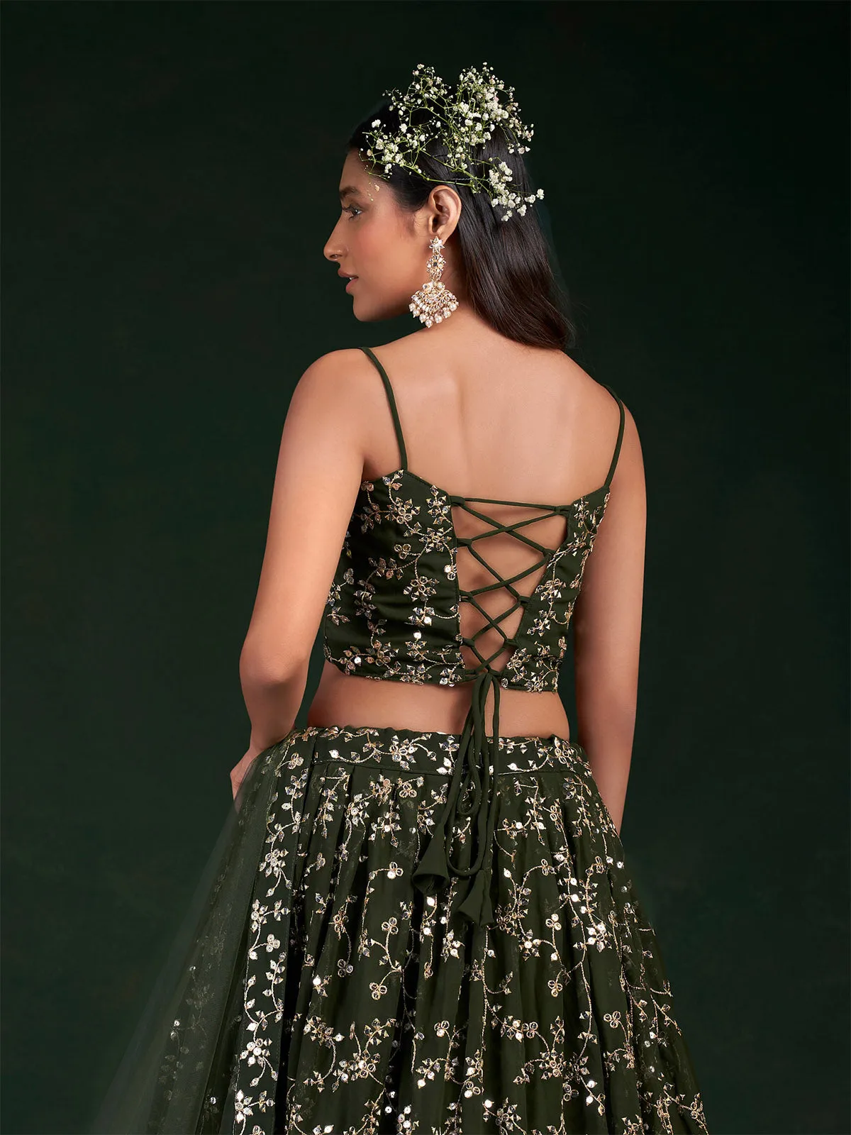 Dark Green Embroidered Bridal Semi Stitched Lehenga With  Unstitched Blouse