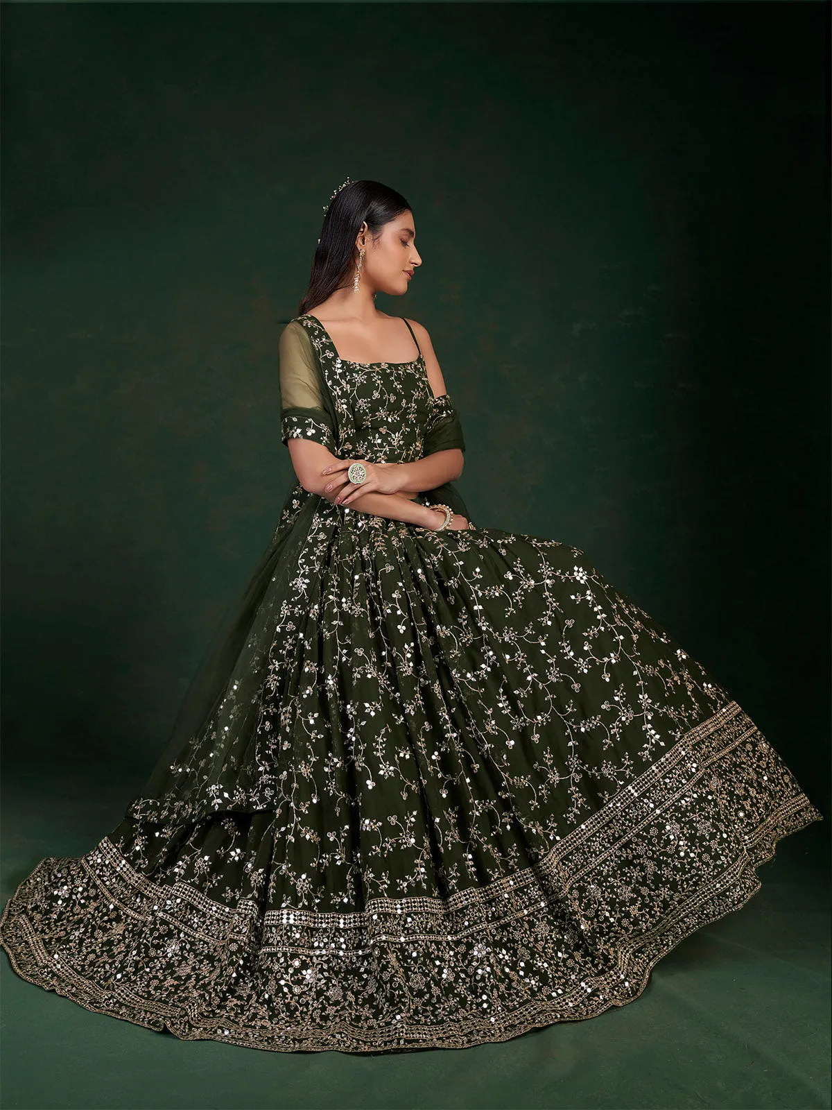 Dark Green Embroidered Bridal Semi Stitched Lehenga With  Unstitched Blouse