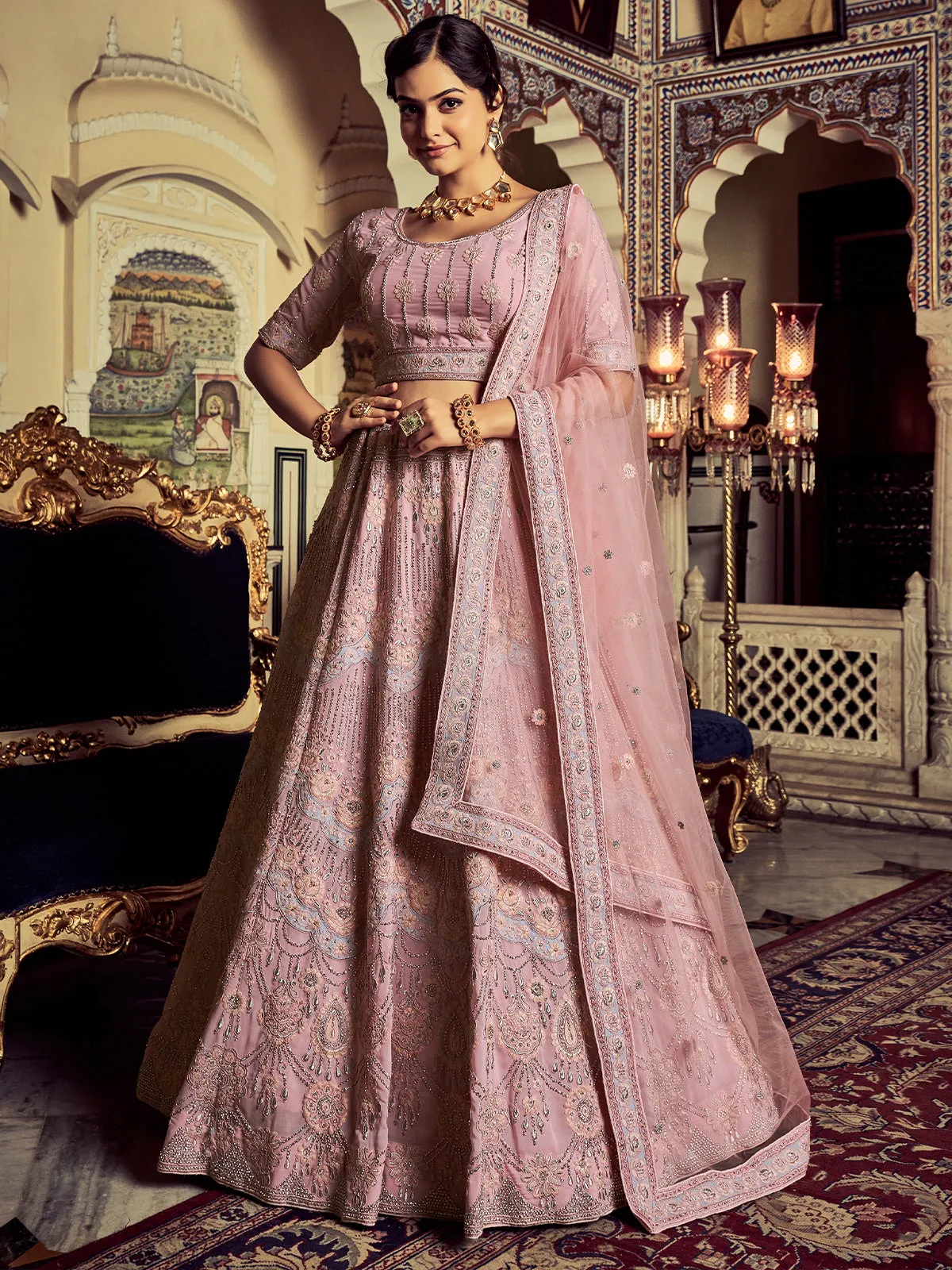 Designer Pink Georgette Embroidered Semi Stitched Lehenga With Unstitched Blouse