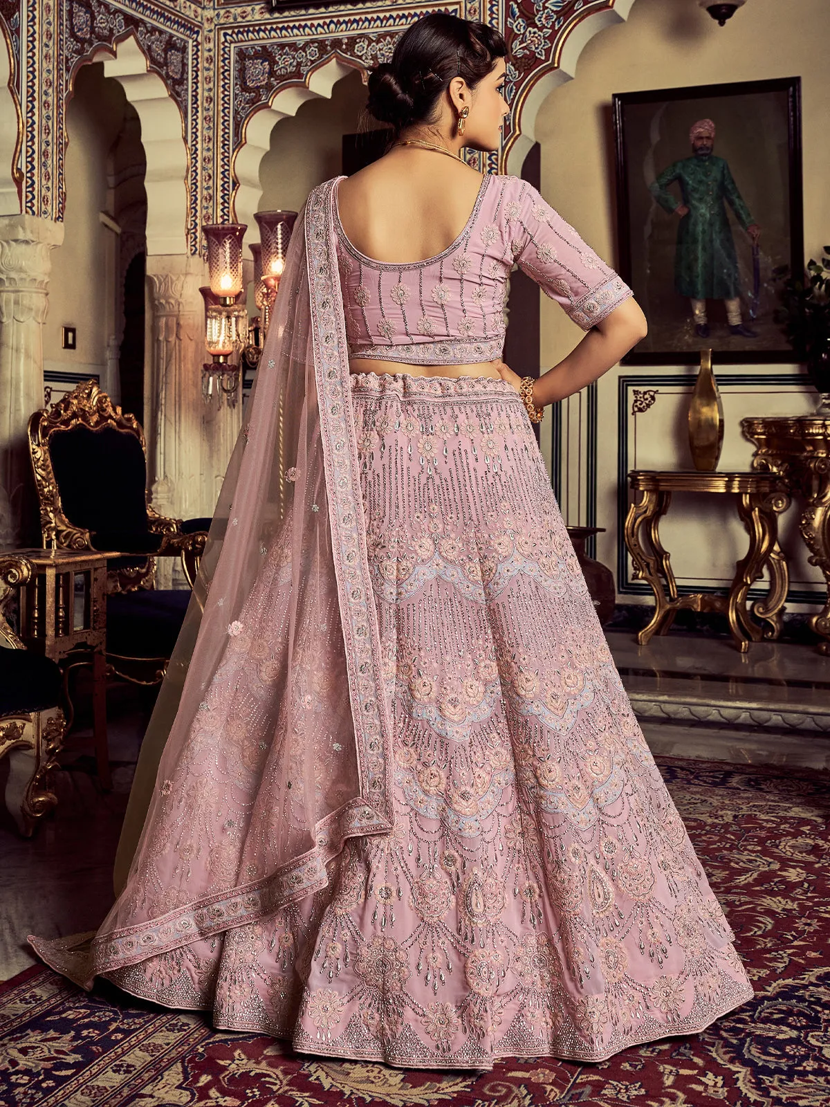 Designer Pink Georgette Embroidered Semi Stitched Lehenga With Unstitched Blouse