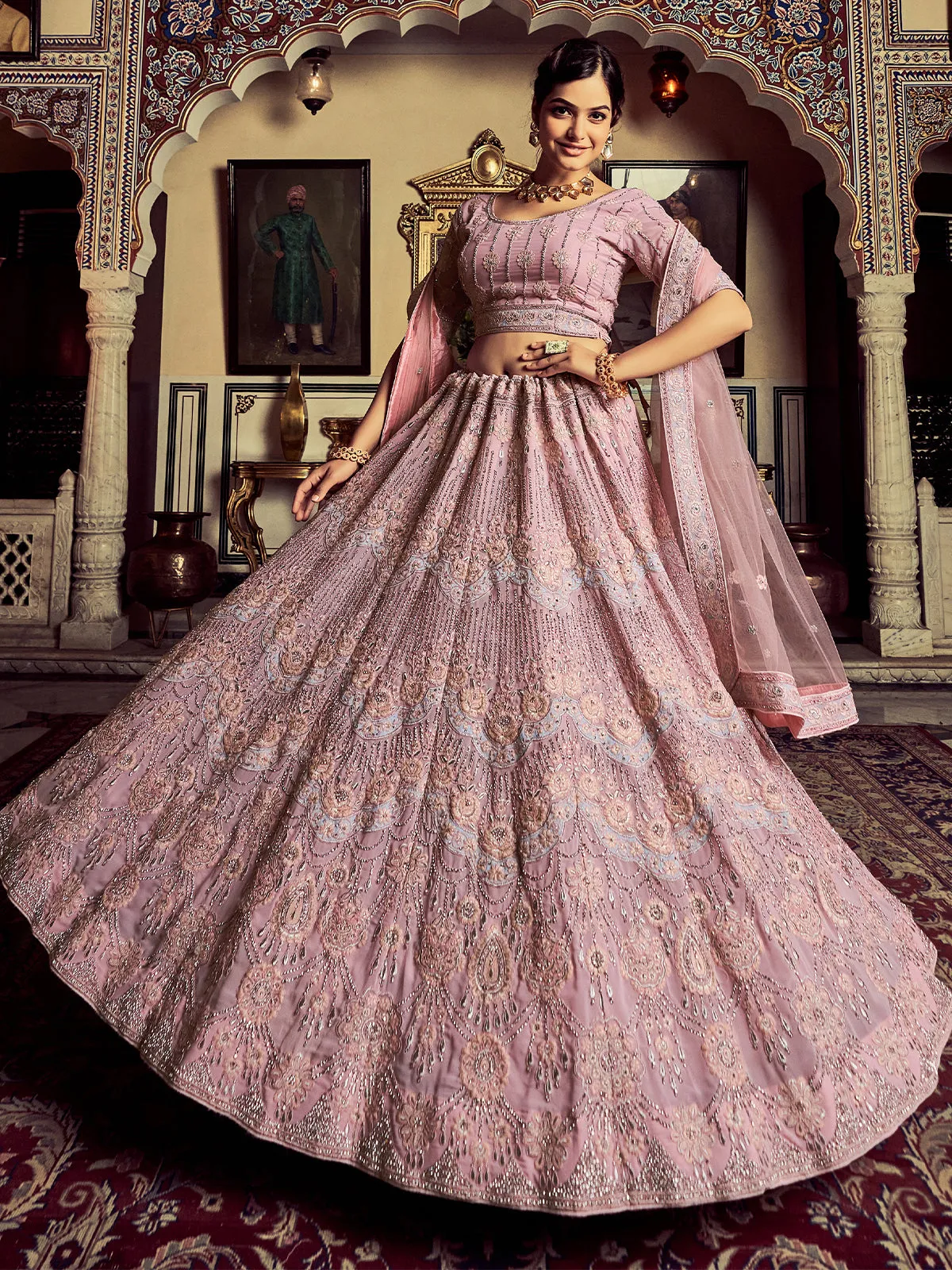 Designer Pink Georgette Embroidered Semi Stitched Lehenga With Unstitched Blouse