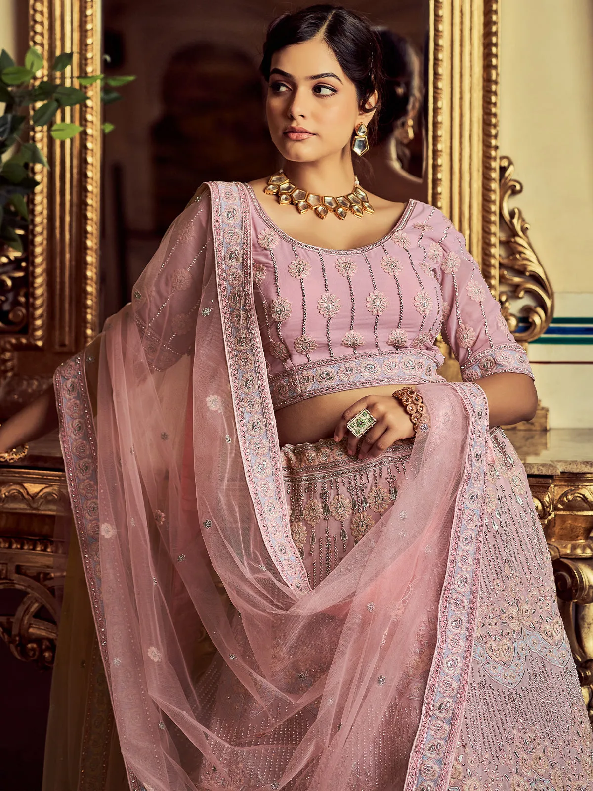 Designer Pink Georgette Embroidered Semi Stitched Lehenga With Unstitched Blouse