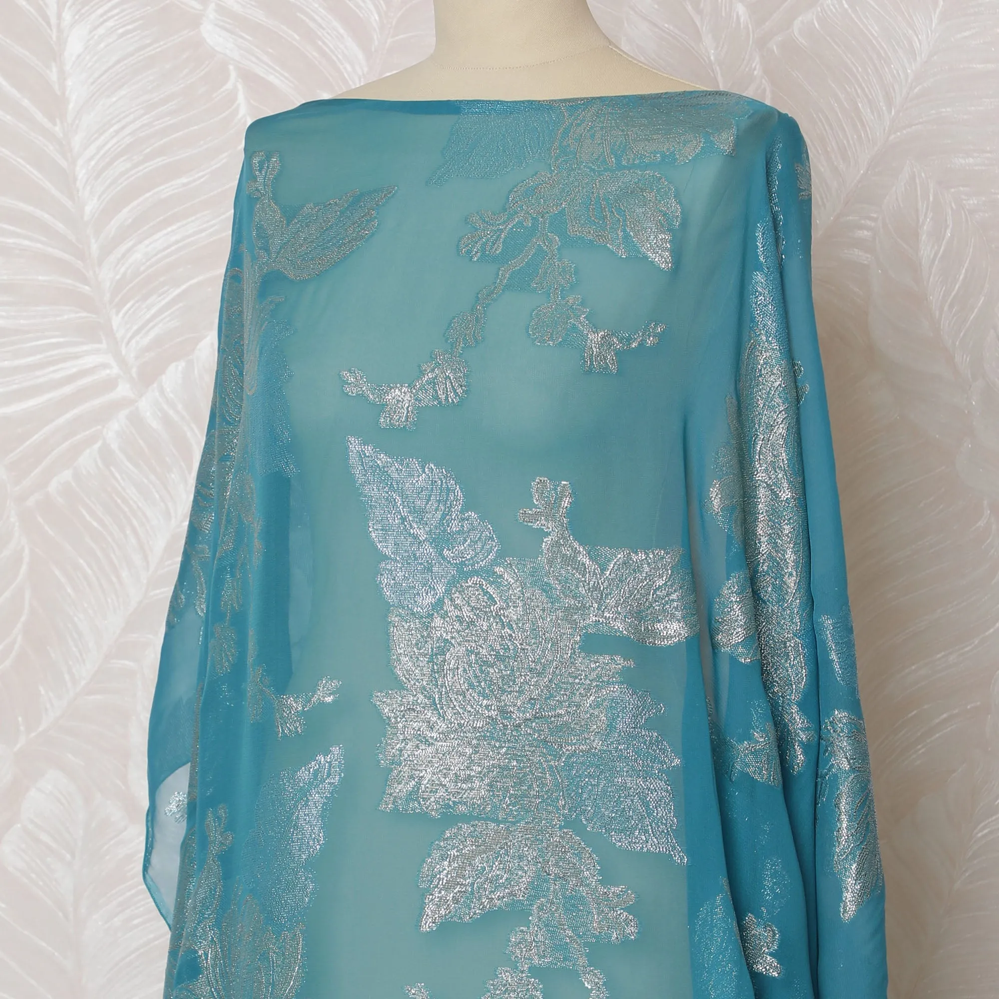 Elegant Teal and Silver Floral Pattern Pure French Silk (Fransawi Dirac) Chiffon Fabric – 140 cm Wide X 3.5 Mtrs-D19857