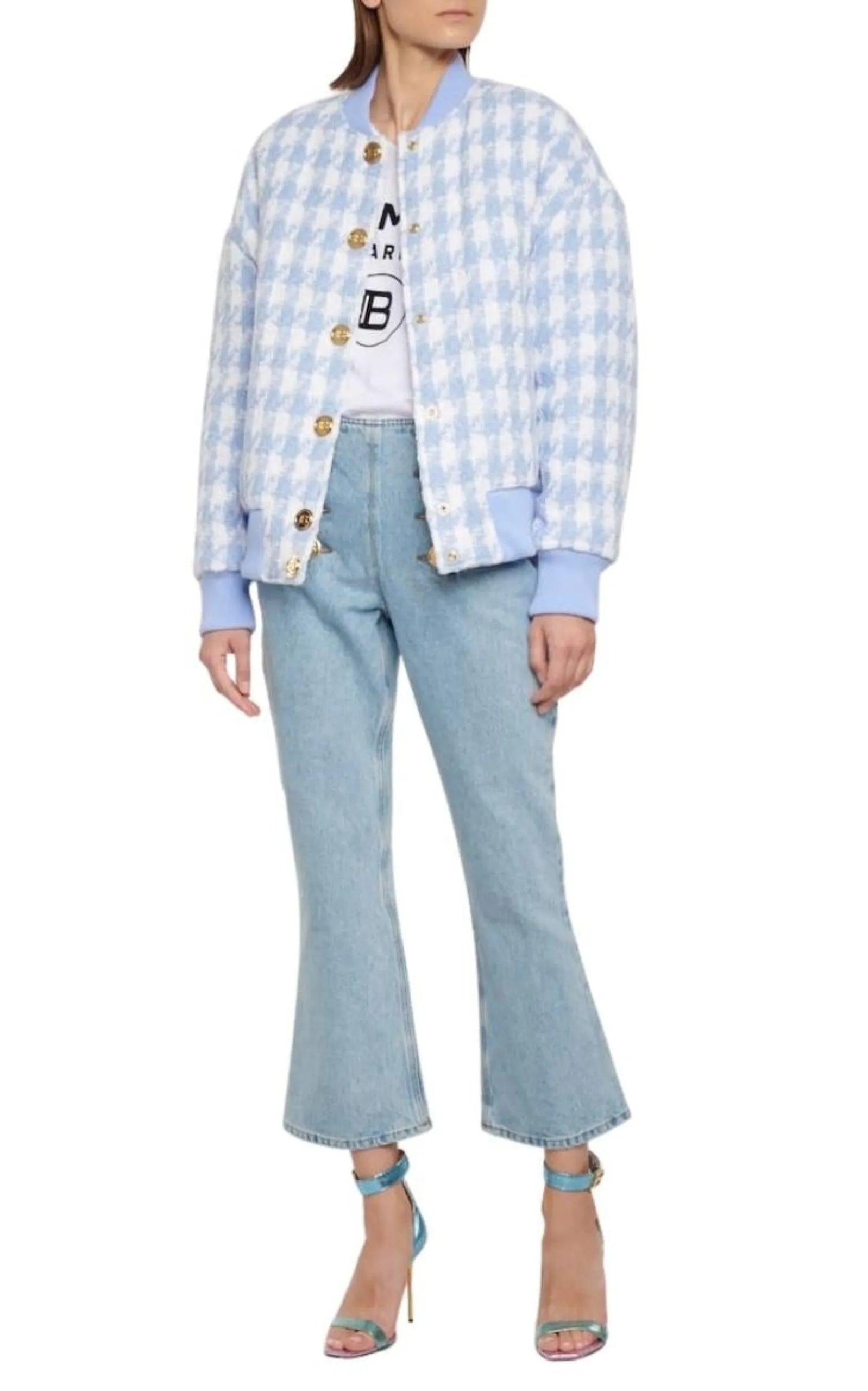 Houndstooth Cotton-blend Tweed Bomber Jacket