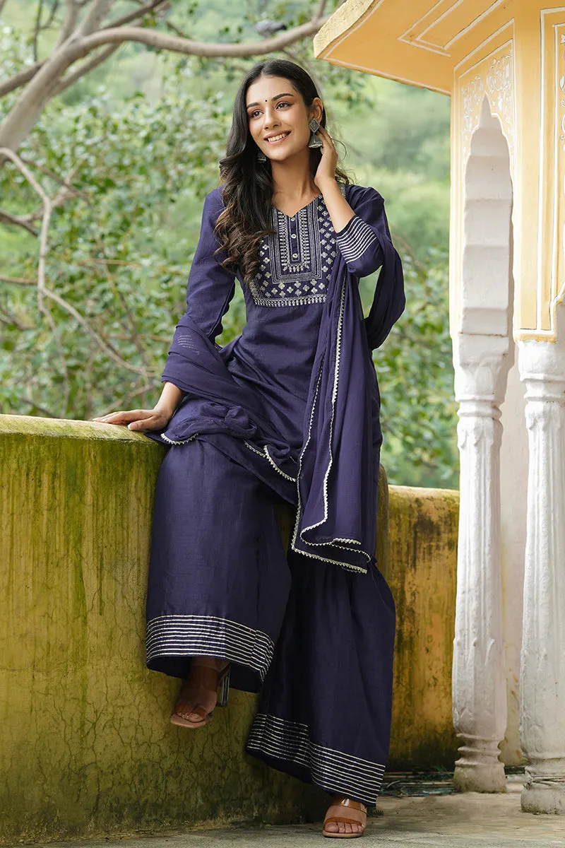 Navy Blue Poly Silk Straight Sharara Suit Set