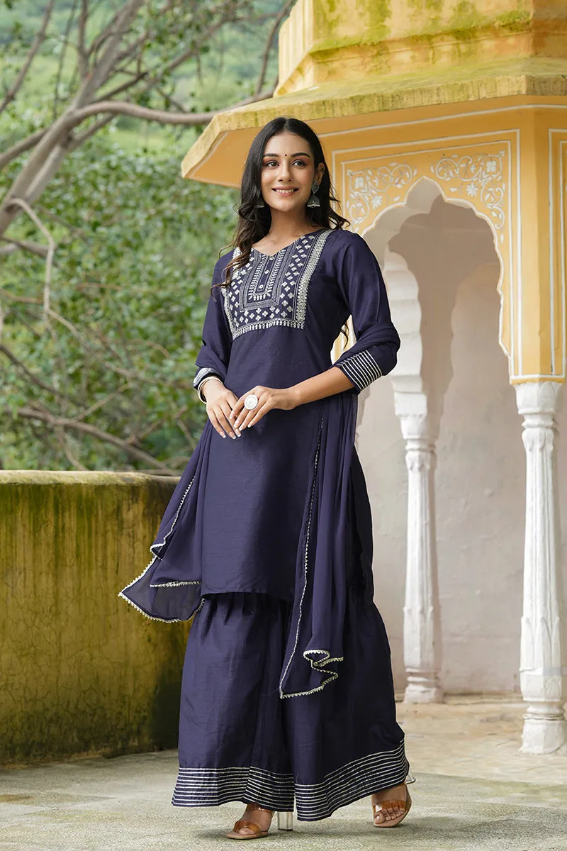 Navy Blue Poly Silk Straight Sharara Suit Set