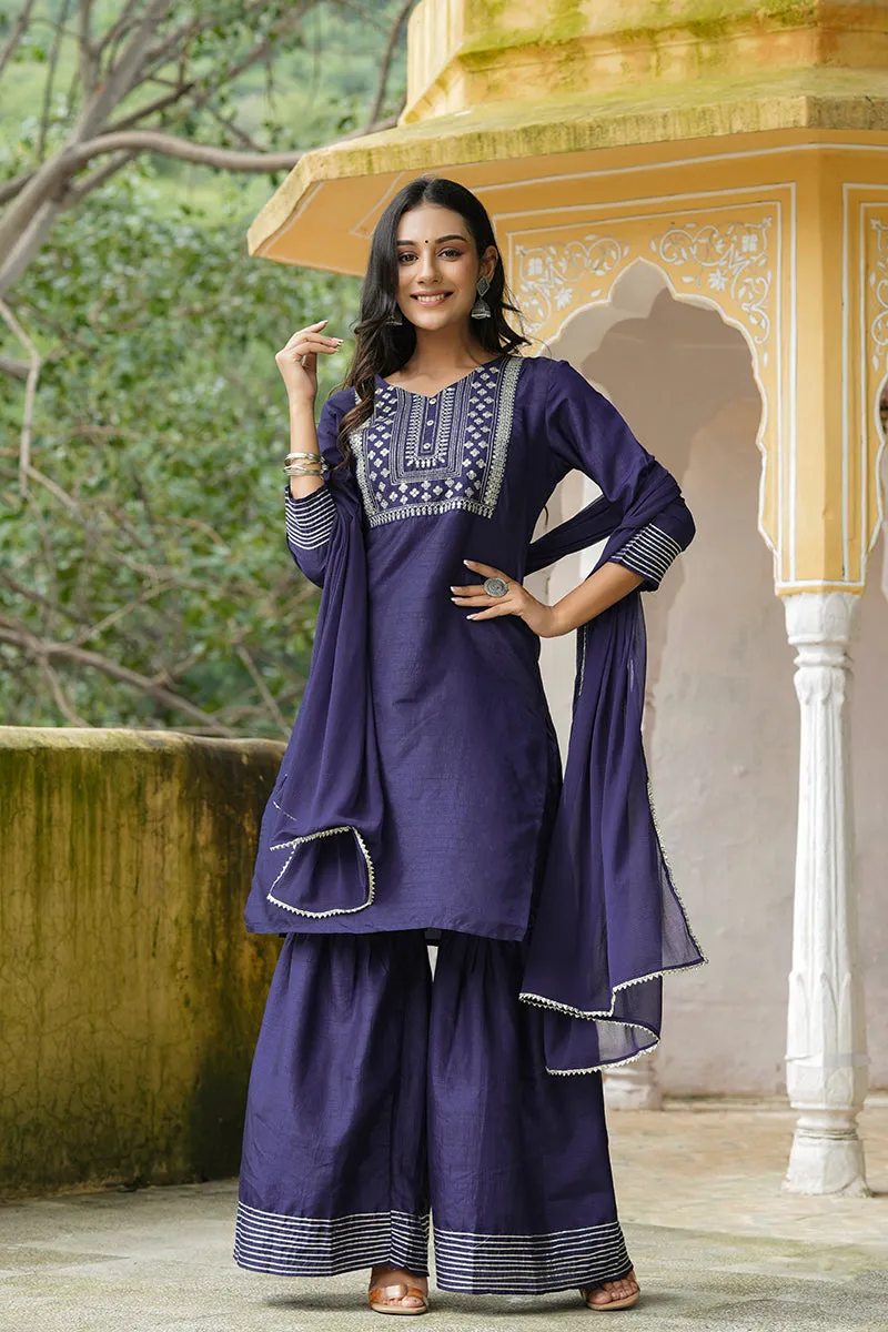 Navy Blue Poly Silk Straight Sharara Suit Set