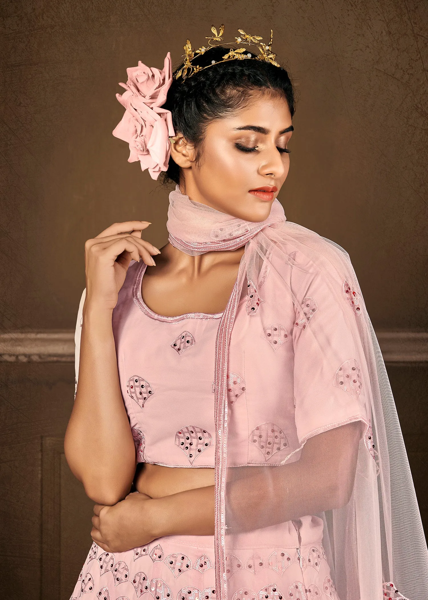 Pink Thread Sequins Georgette Party Wear Lehenga Choli