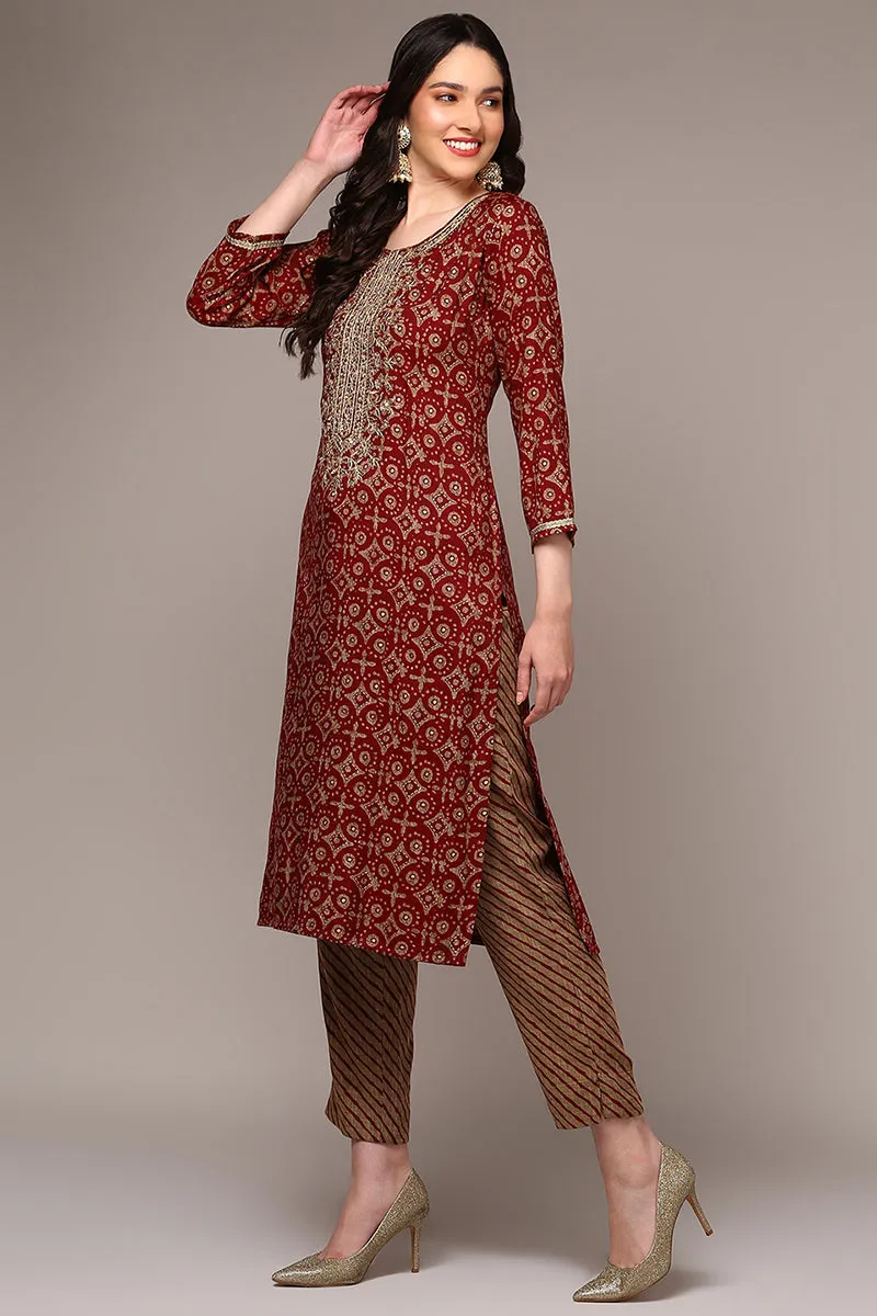 Plus Size Maroon Viscose Rayon Embroidered Kurta