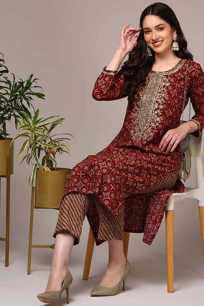 Plus Size Maroon Viscose Rayon Embroidered Kurta