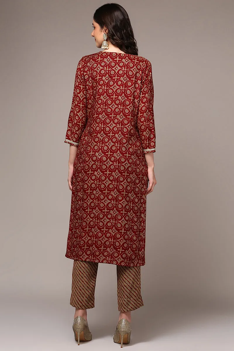 Plus Size Maroon Viscose Rayon Embroidered Kurta