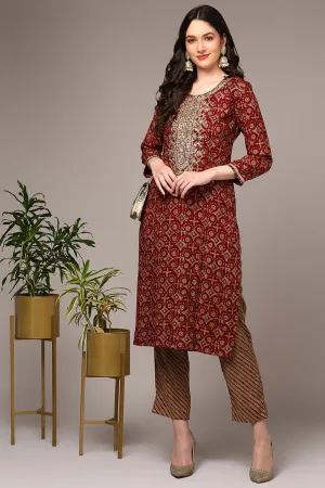 Plus Size Maroon Viscose Rayon Embroidered Kurta