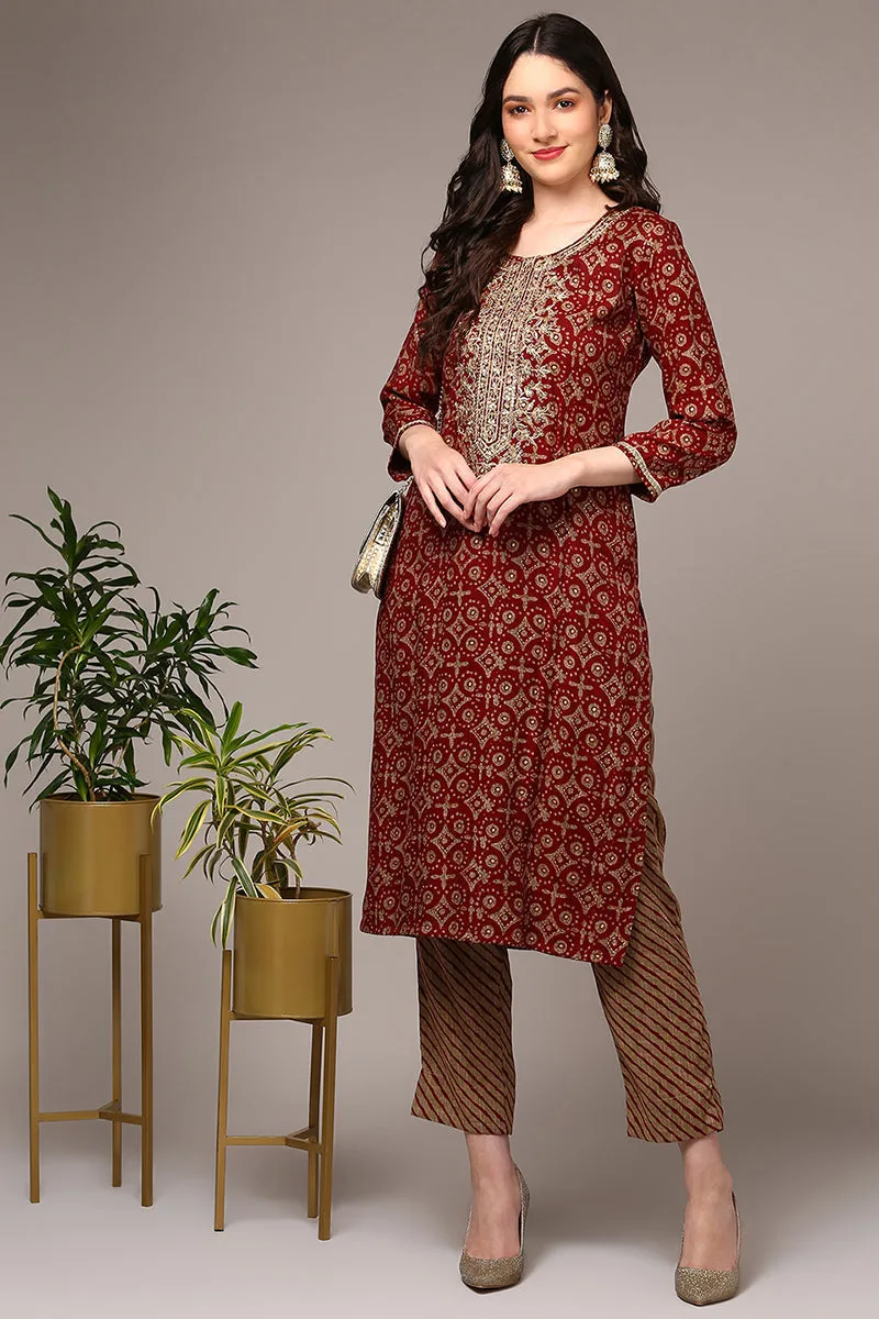 Plus Size Maroon Viscose Rayon Embroidered Kurta