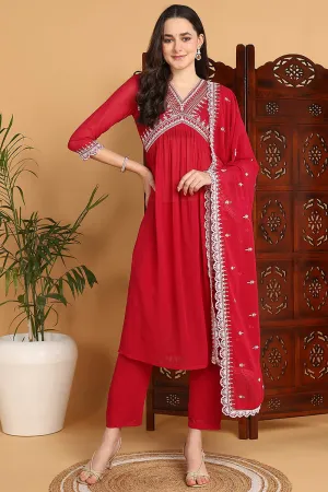 Rani Pink Georgette Solid Embroidered Flared Suit Set