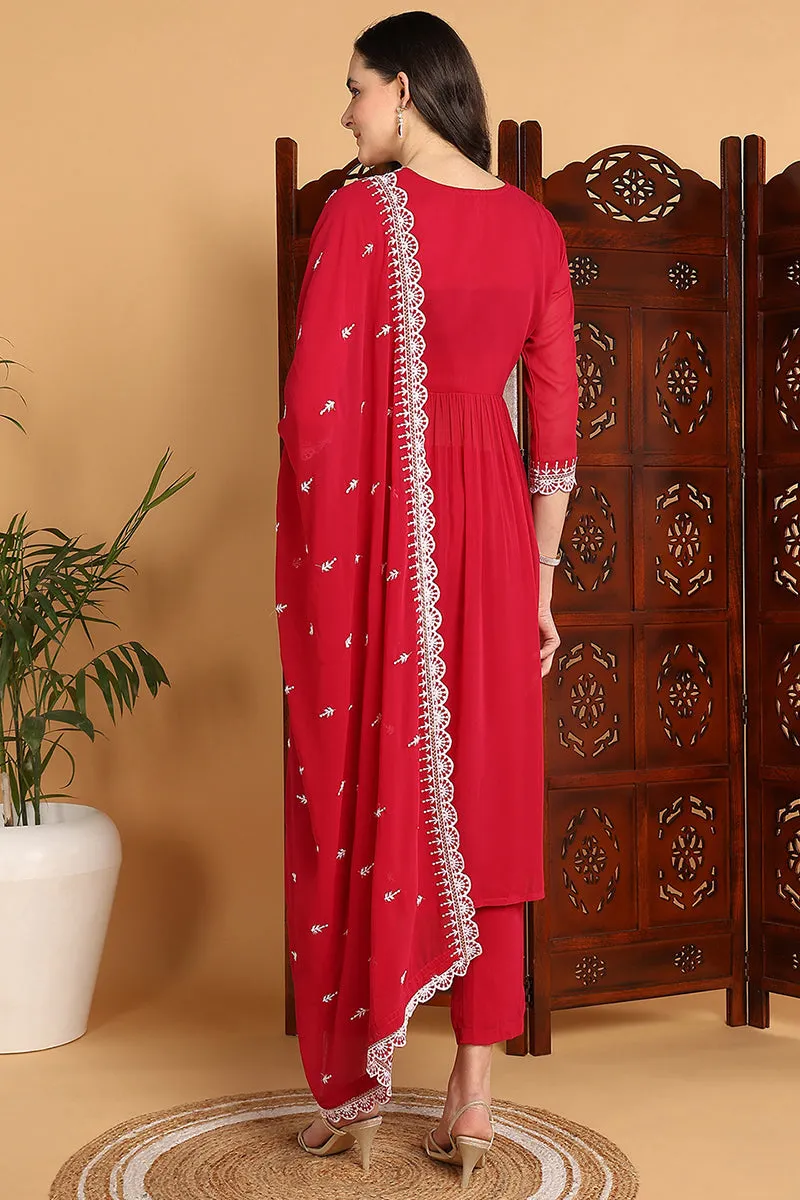 Rani Pink Georgette Solid Embroidered Flared Suit Set