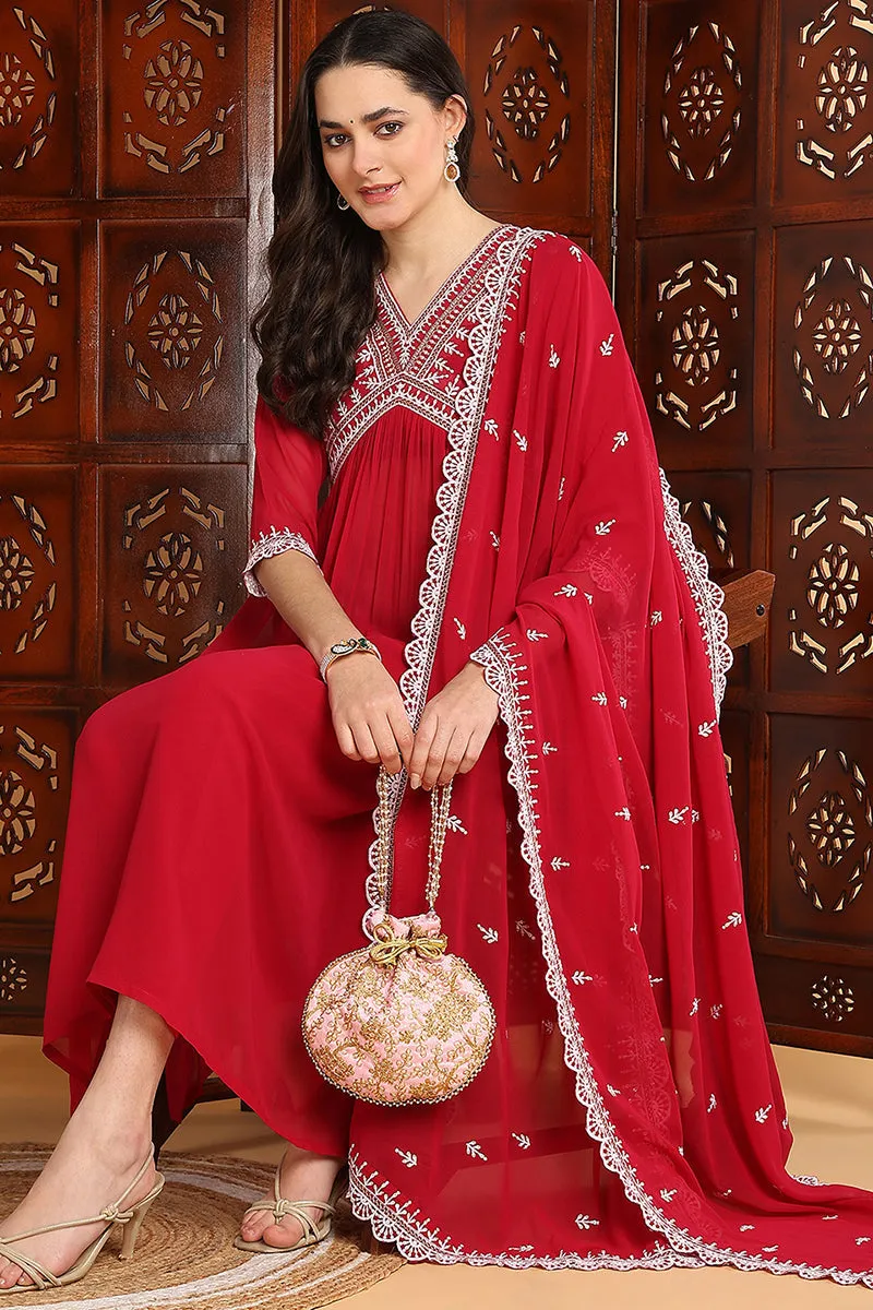 Rani Pink Georgette Solid Embroidered Flared Suit Set