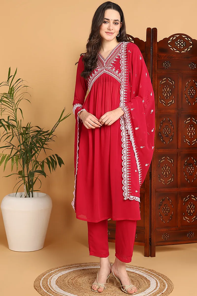 Rani Pink Georgette Solid Embroidered Flared Suit Set