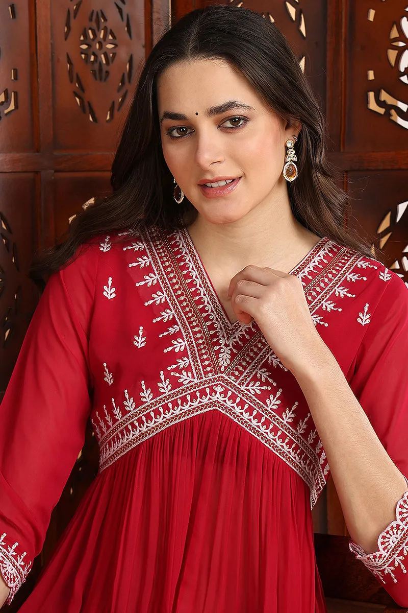 Rani Pink Georgette Solid Embroidered Flared Suit Set