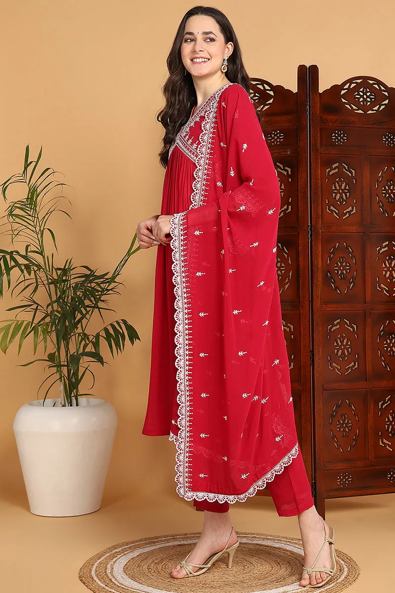 Rani Pink Georgette Solid Embroidered Flared Suit Set