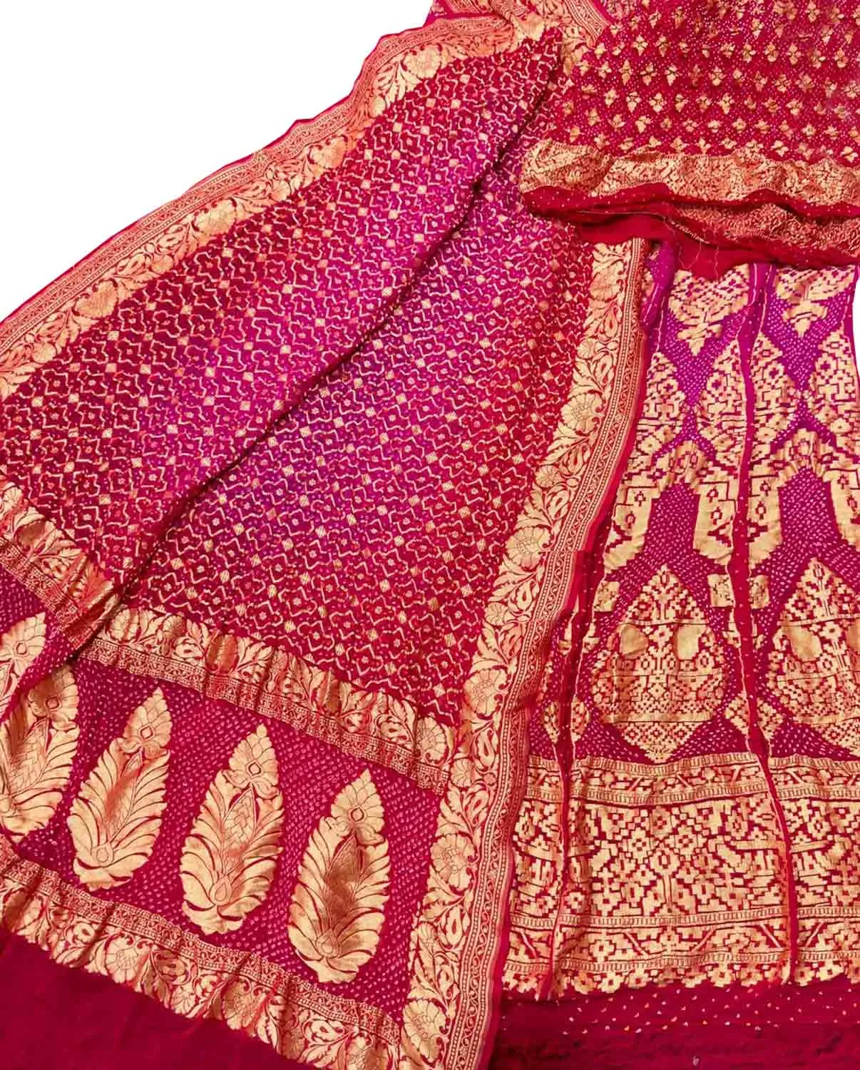 Red & Pink Banarasi Bandhani Georgette Lehenga