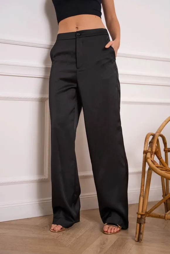 Satin Straight Cut Pants Black