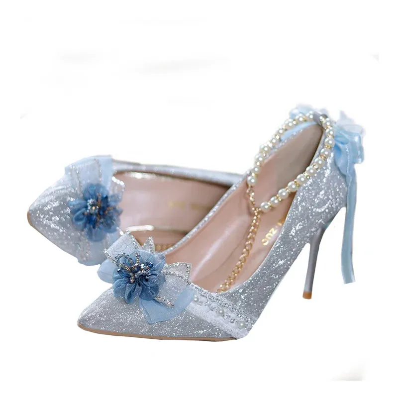 Sohiwoo  Graduation Gift Lolita High Heels Sweet Tea Pot Lolita Pointed High Heels Slim Heels Flower Wedding Shoes Ladies