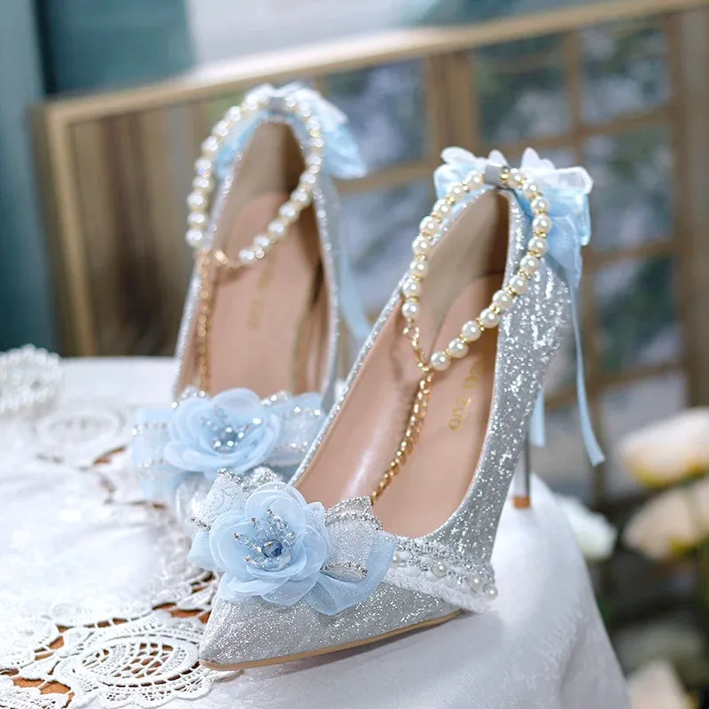 Sohiwoo  Graduation Gift Lolita High Heels Sweet Tea Pot Lolita Pointed High Heels Slim Heels Flower Wedding Shoes Ladies