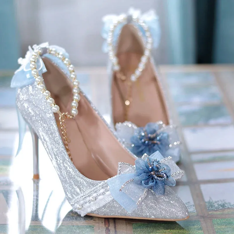 Sohiwoo  Graduation Gift Lolita High Heels Sweet Tea Pot Lolita Pointed High Heels Slim Heels Flower Wedding Shoes Ladies