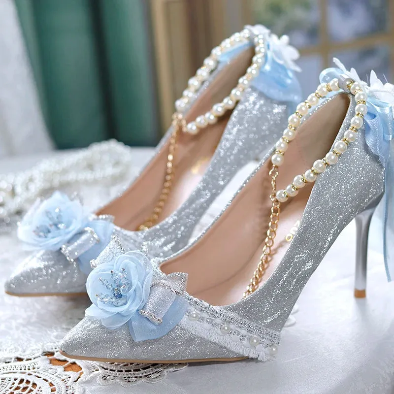Sohiwoo  Graduation Gift Lolita High Heels Sweet Tea Pot Lolita Pointed High Heels Slim Heels Flower Wedding Shoes Ladies