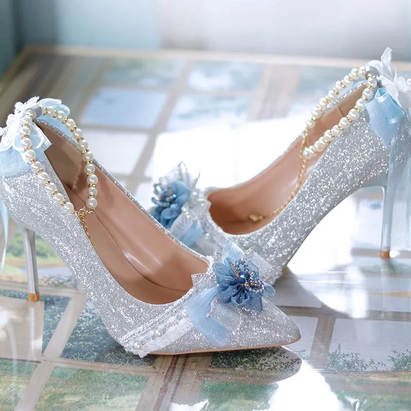 Sohiwoo  Graduation Gift Lolita High Heels Sweet Tea Pot Lolita Pointed High Heels Slim Heels Flower Wedding Shoes Ladies