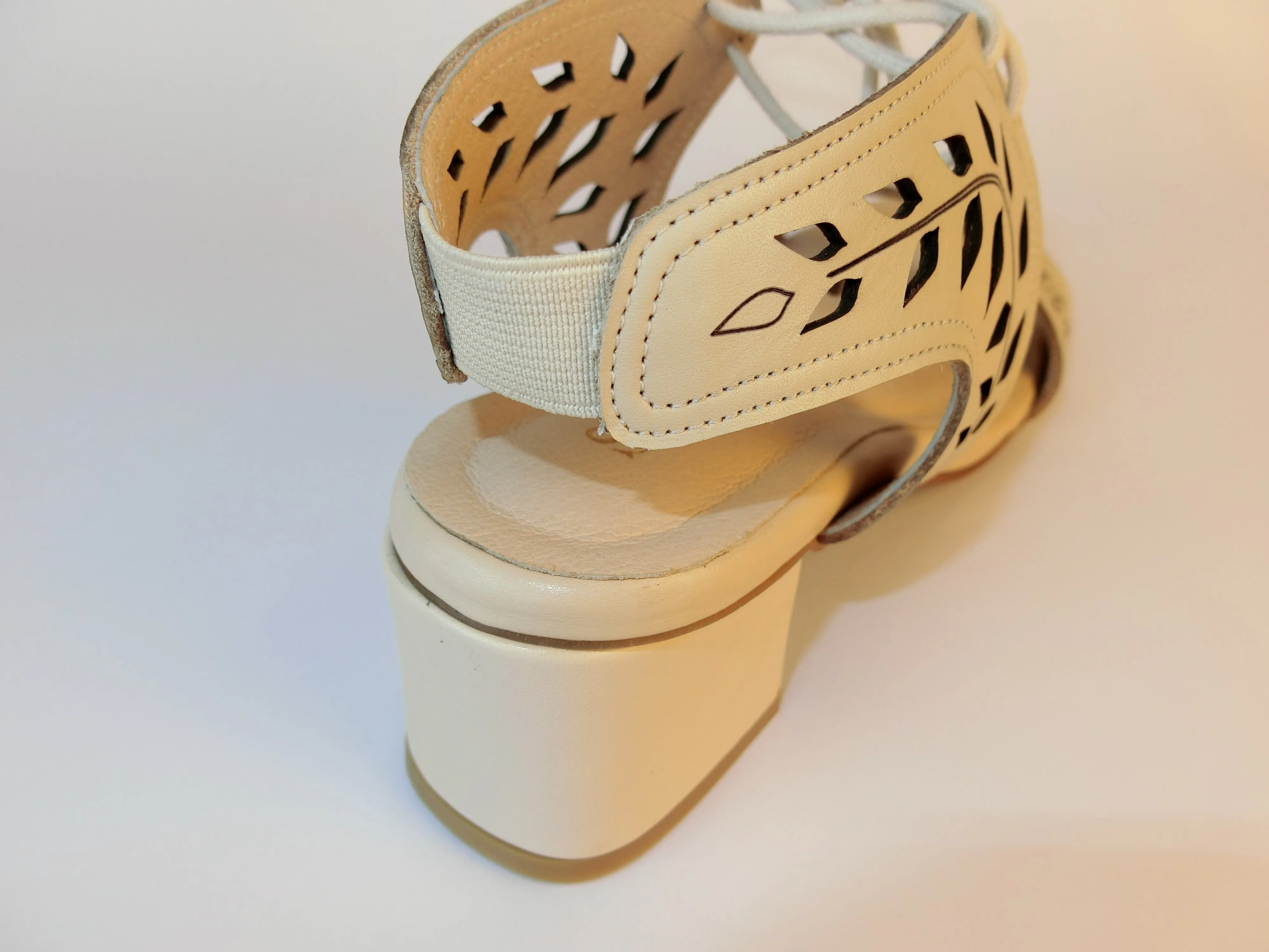 SS21002 Leather laser cut block heel sandals in Tan and Beige