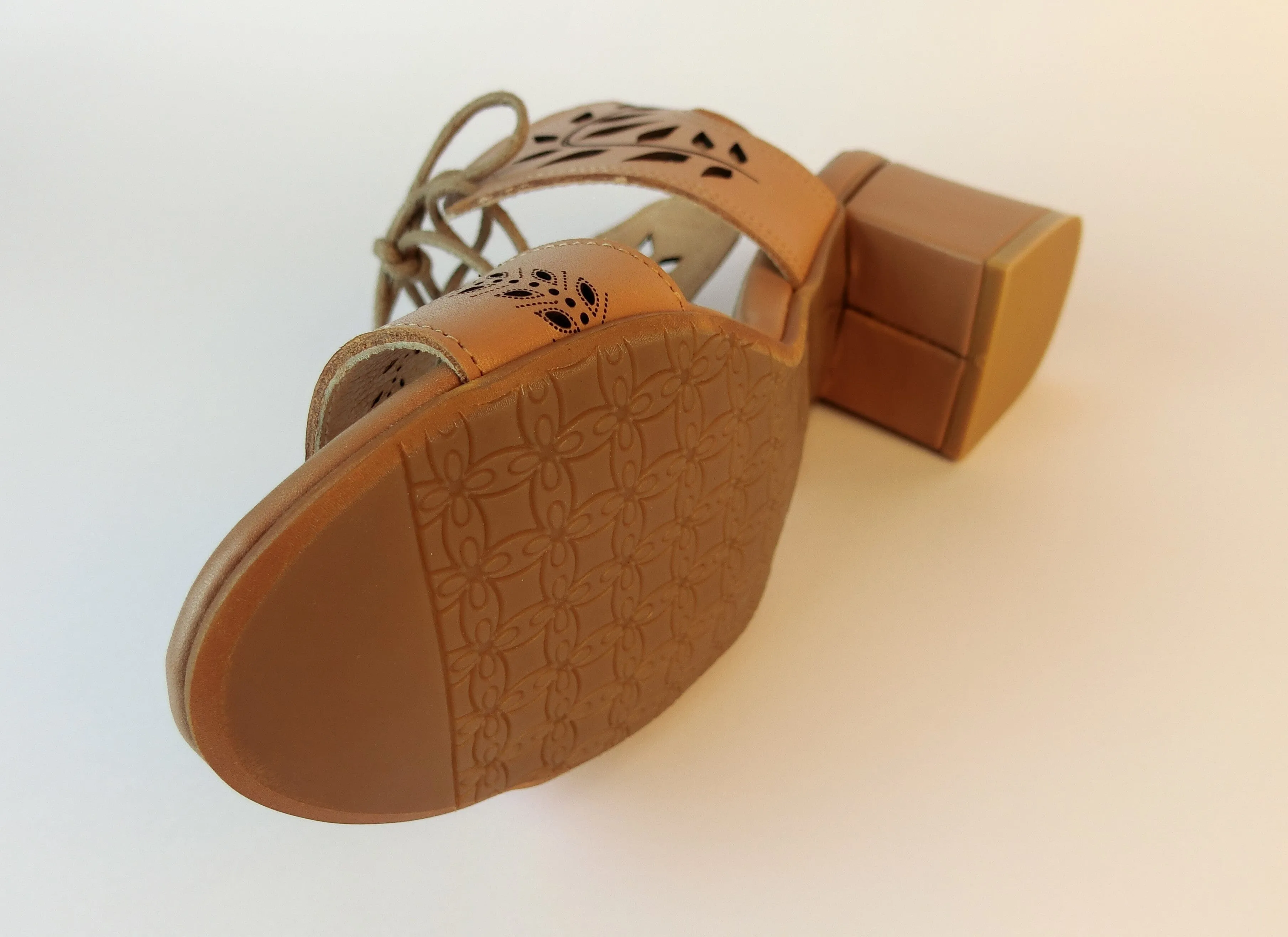 SS21002 Leather laser cut block heel sandals in Tan and Beige