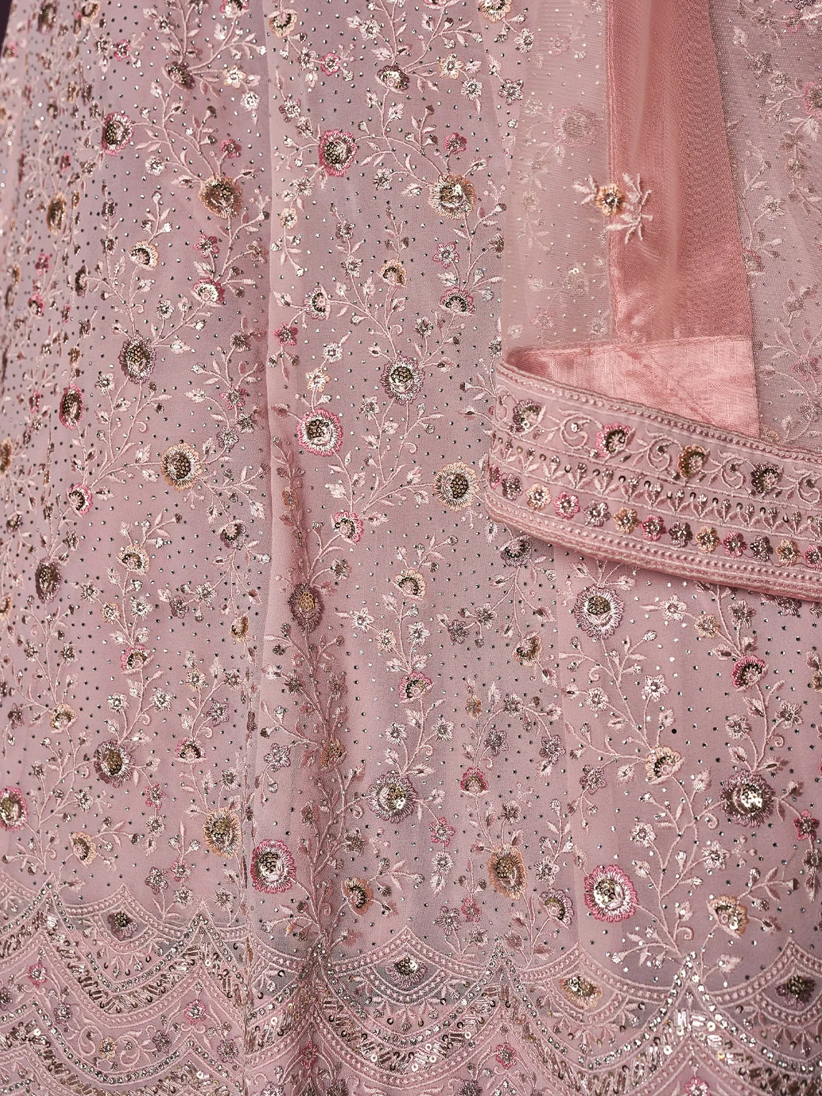 Stunning Mauve Georgette Embroidered Semi Stitched Lehenga With Unstitched Blouse