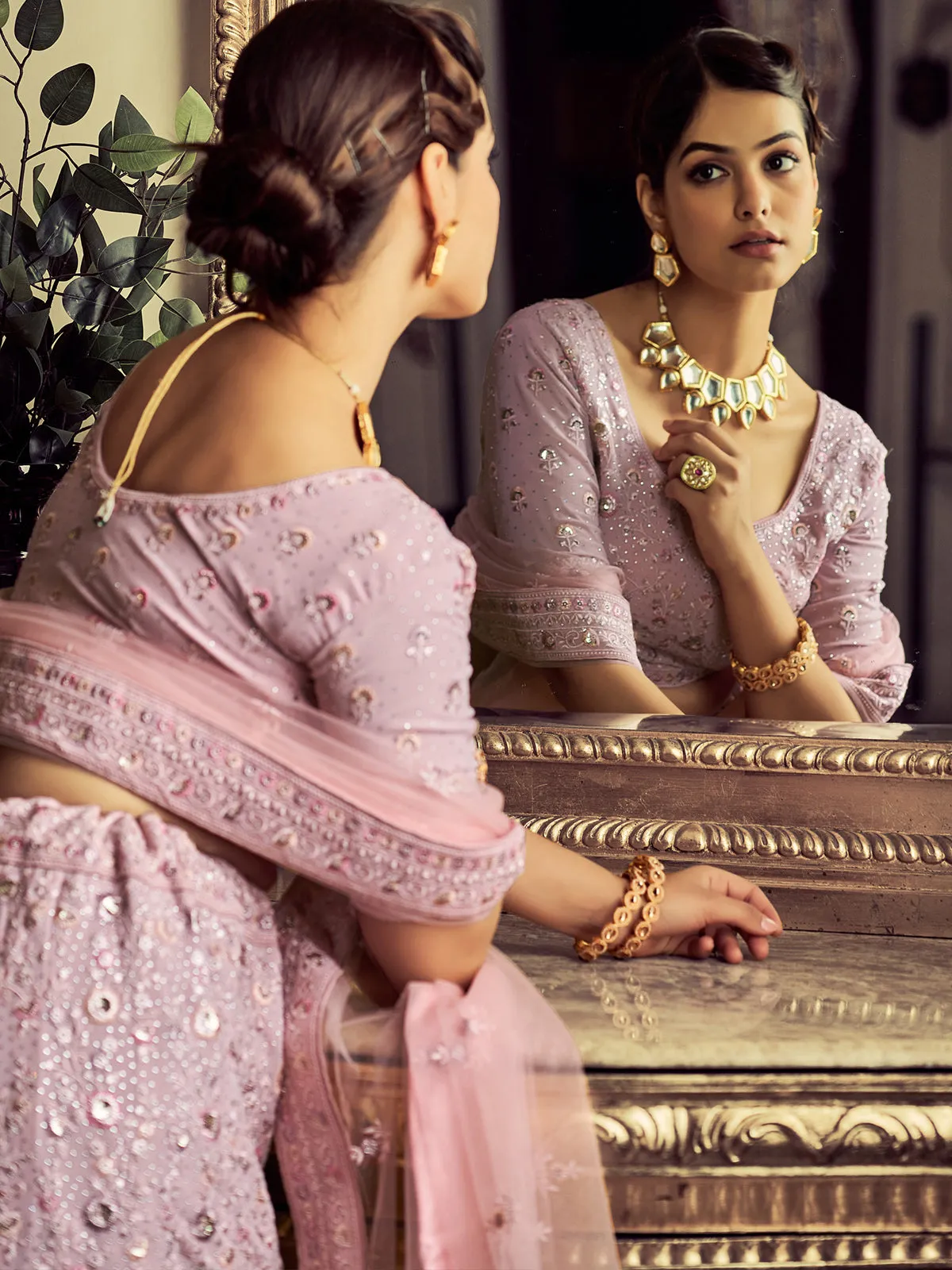 Stunning Mauve Georgette Embroidered Semi Stitched Lehenga With Unstitched Blouse