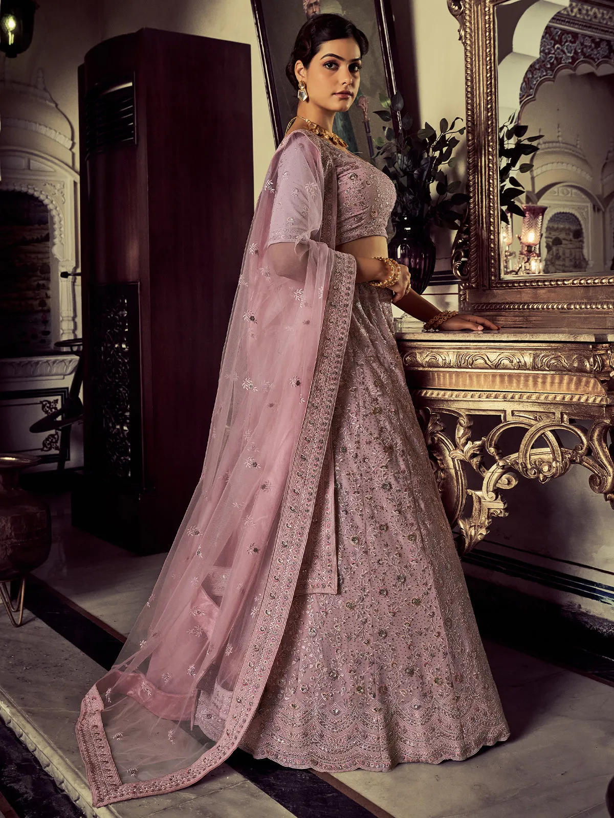 Stunning Mauve Georgette Embroidered Semi Stitched Lehenga With Unstitched Blouse
