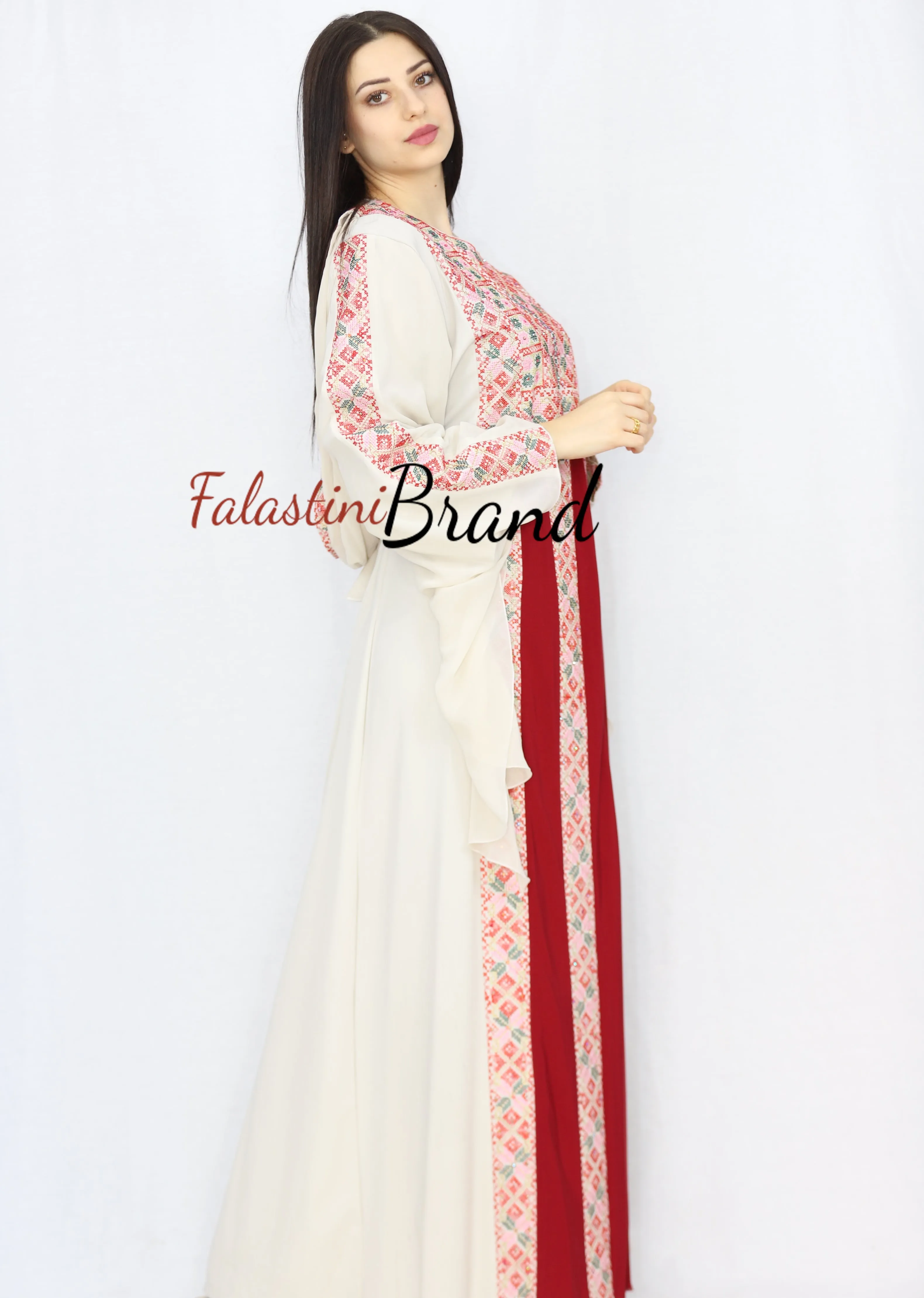 Stylish Cream Color Burgundy Stripes Palestinian Embroidered Dress Thobe