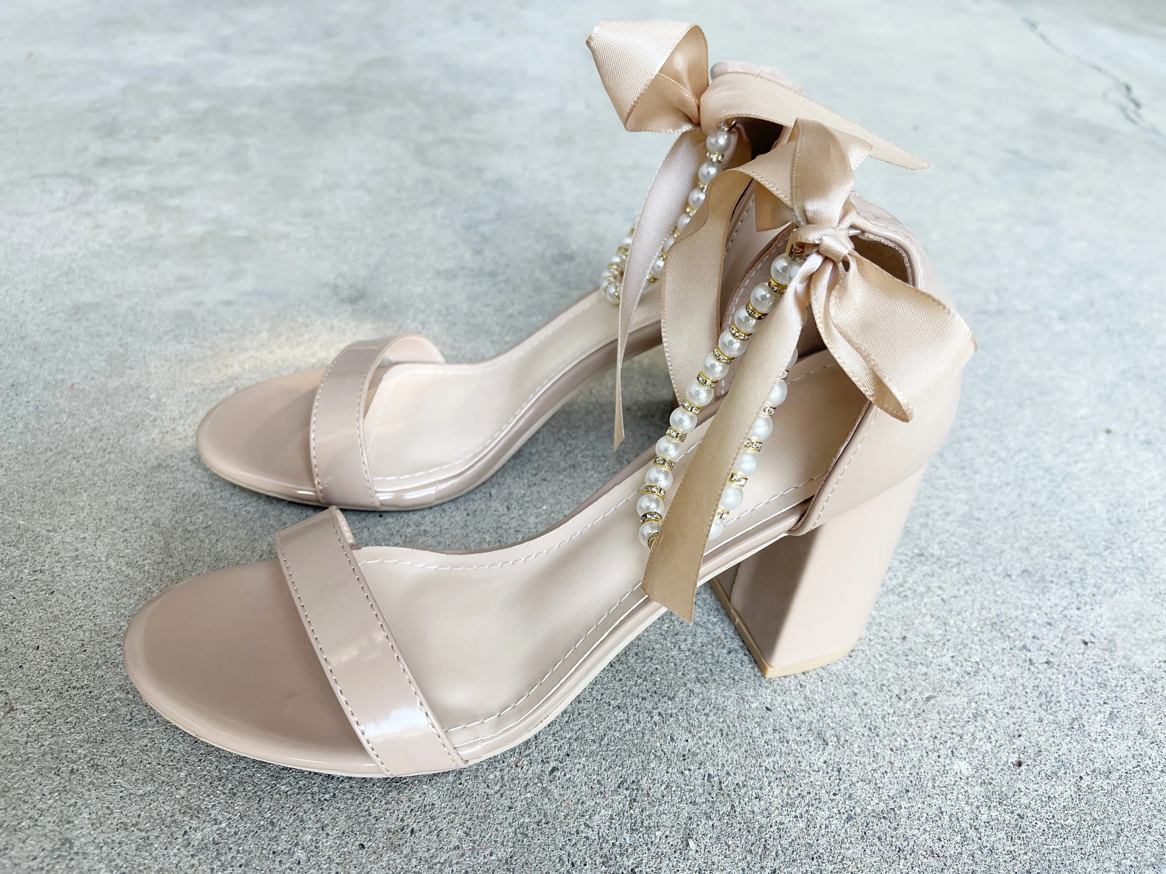 Trish Pearl Ankle Strap Heels in Patent Tan